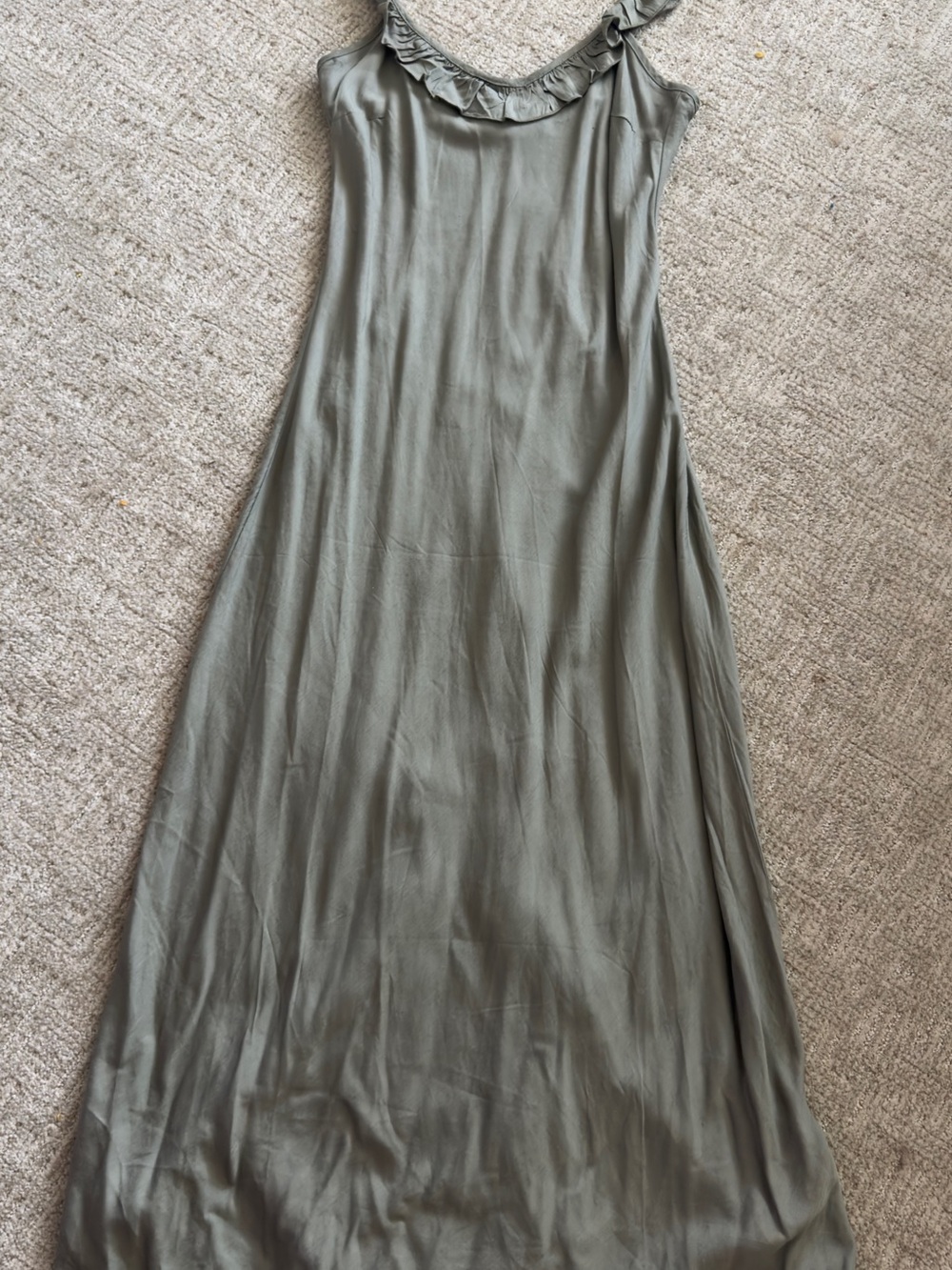 Slip Maxi Dress with Ruffle Neck in Olive Green